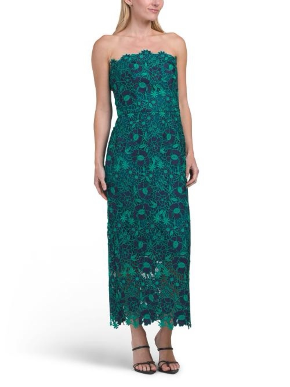 Rene Ruiz Teal Green Strapless Floral Lace Midi Dress